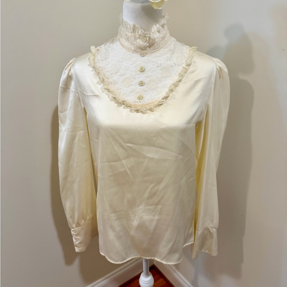 Vintage-Inspired Cream Lace High-Neck Blouse